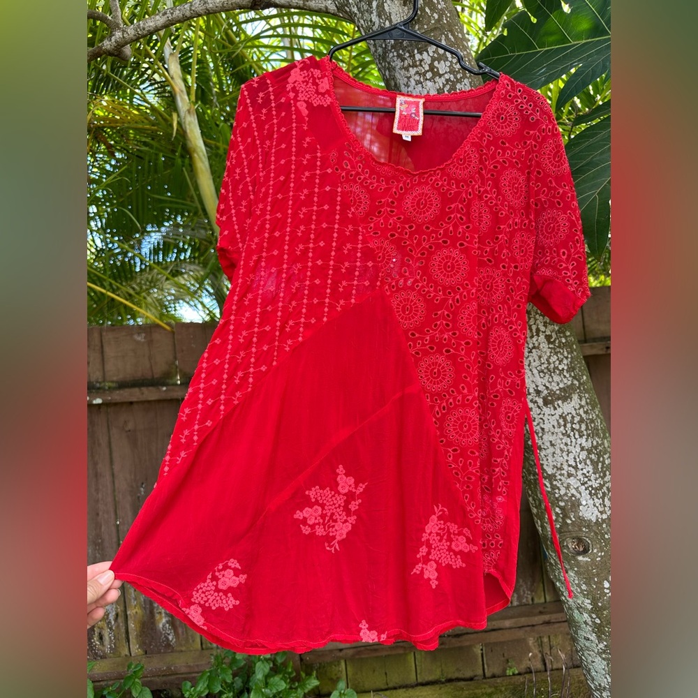 Johnny Was Red Embroidered Mixed-Panel Short Sleeve Tunic